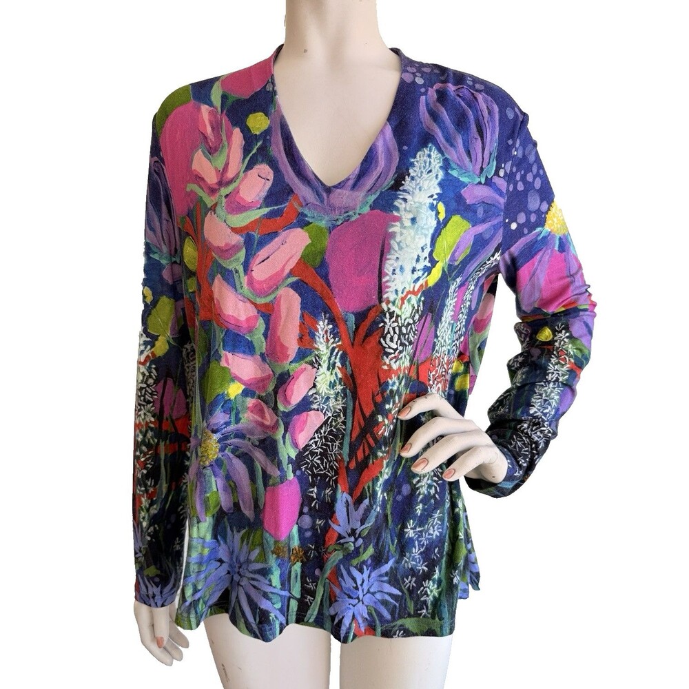 CLAIRE DESJARDINS Top Colorful Bright Floral Long Sleeve Stretch Jersey Size L